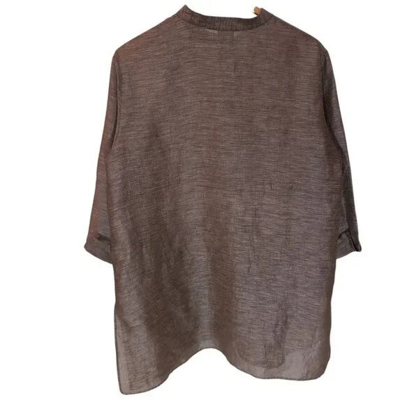Eileen Fisher Lagenlook Linen Silk Mandarin Collar Tunic Shirt Womens Large - Picture 2 of 9